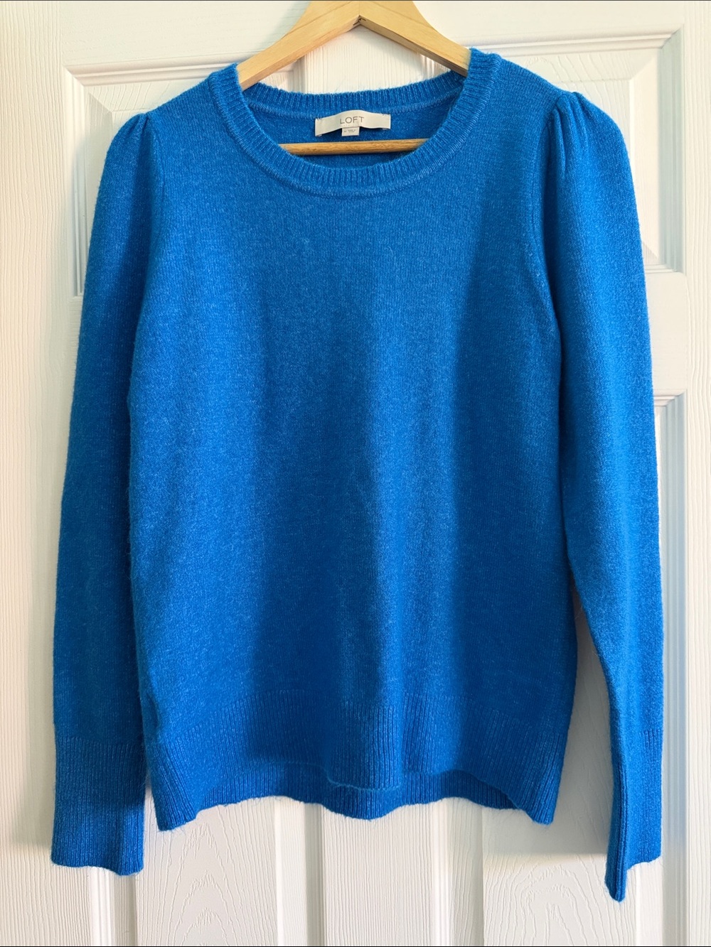 LOFT Bright Blue Puff-Shoulder Crewneck Sweater